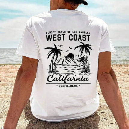 Printed on the back of coconut trees by the sea, men's short-sleeved T-shirt