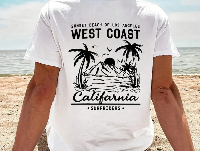 Printed on the back of coconut trees by the sea, men's short-sleeved T-shirt