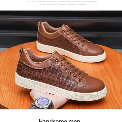 Men Low Top Leather Casual Shoes Lace-up Fashion Sneakers Black Embossed Plaid Upper Non Slip Flat Daily Wear Board Footwear