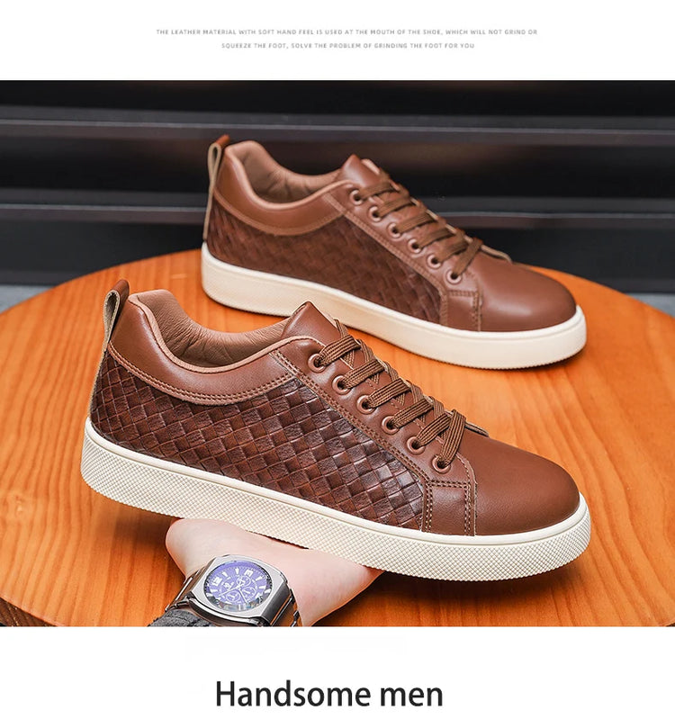 Men Low Top Leather Casual Shoes Lace-up Fashion Sneakers Black Embossed Plaid Upper Non Slip Flat Daily Wear Board Footwear