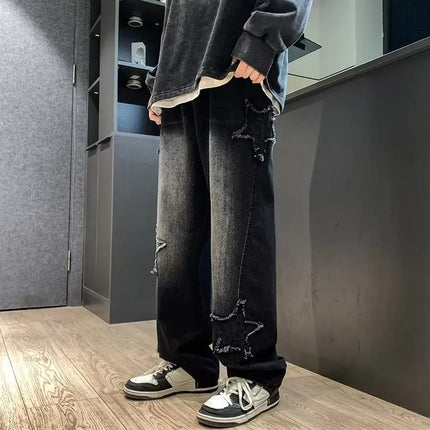 Jeans da Uomo Stile Hip-Hop Americano Taglia Asiatica, Pantaloni Larghi a Gamba Dritta di Tendenza Streetwear