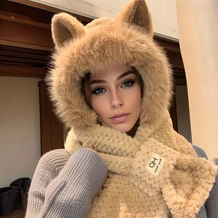 1Pc Women Cat Ear Pom‑Pom Beanie Hat, Soft Fleece‑Lined Winter Cute Animal‑Themed Festival Cap for Christmas Gifts
