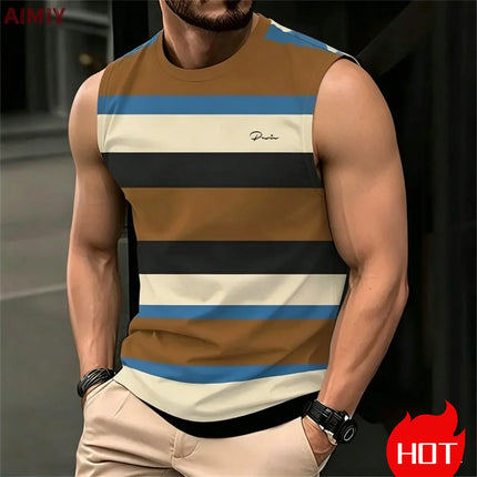 Men's Casual Striped Sleeveless T-Shirt, Men's Summer Tank Top, Casual Vest, Oversize Apparel.