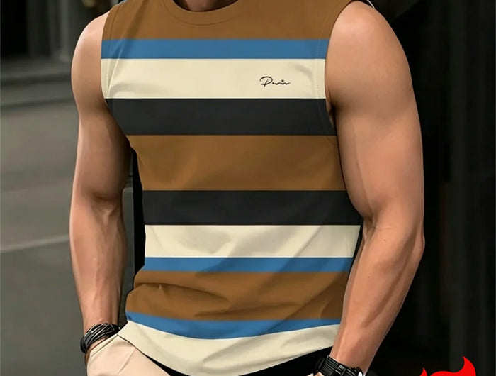 Men's Casual Striped Sleeveless T-Shirt, Men's Summer Tank Top, Casual Vest, Oversize Apparel.
