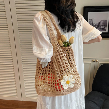 Women's Large Capacity Knitted Tote Bag Fashionable Summer Beach Bag Lightweight Casual Chic Hobo Top Handle Shoulder Bag