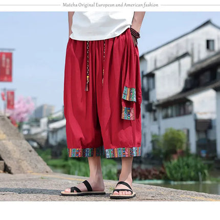 Pantaloncini kimono giapponese Costume da samurai in lino da uomo Ukiyo-e Cintura con stampa Pantaloni a gamba larga Retro Haori Pantaloni casual larghi Harajuku da uomo