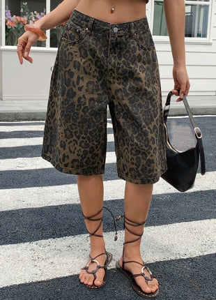 Pantaloncini Bermuda in Denim Vintage con Stampa Leopardata da Donna, a Vita Alta, Gamba Larga, Casual Estivi, Streetwear, Moda Quotidiana