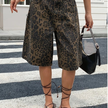 Pantaloncini Bermuda in Denim Vintage con Stampa Leopardata da Donna, a Vita Alta, Gamba Larga, Casual Estivi, Streetwear, Moda Quotidiana