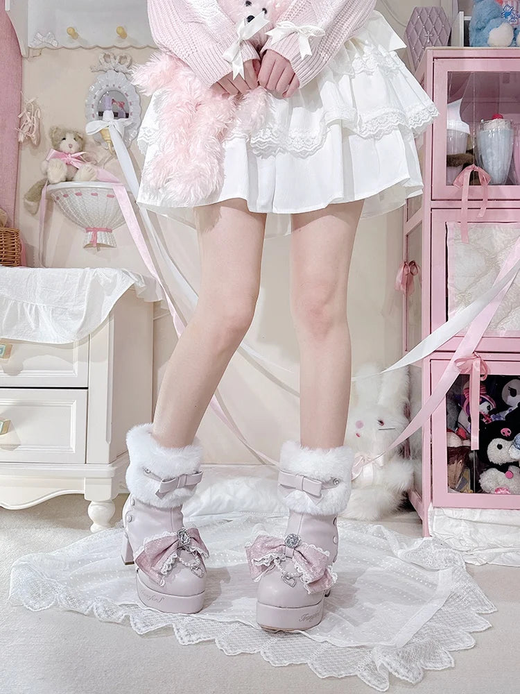 Original Japanese Sweet Cute Style Versatile Bow High Heel Boots Autumn Winter Mass-Produced Rhinestones Fur Short Boots