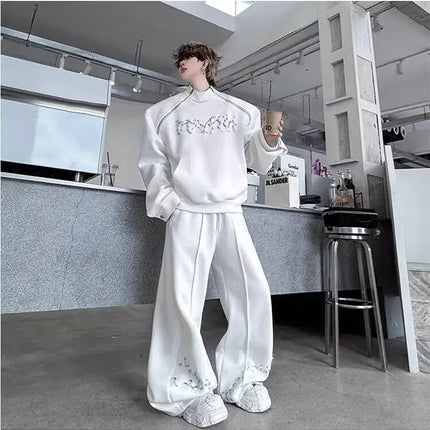LUZHEN Fashion Street Two-piece Sets Men's Zipper Shoulder Design Long Sleeve Sweatshirt 2025 Autumn Loose Wide Leg Pants JY3912 PlatiNum