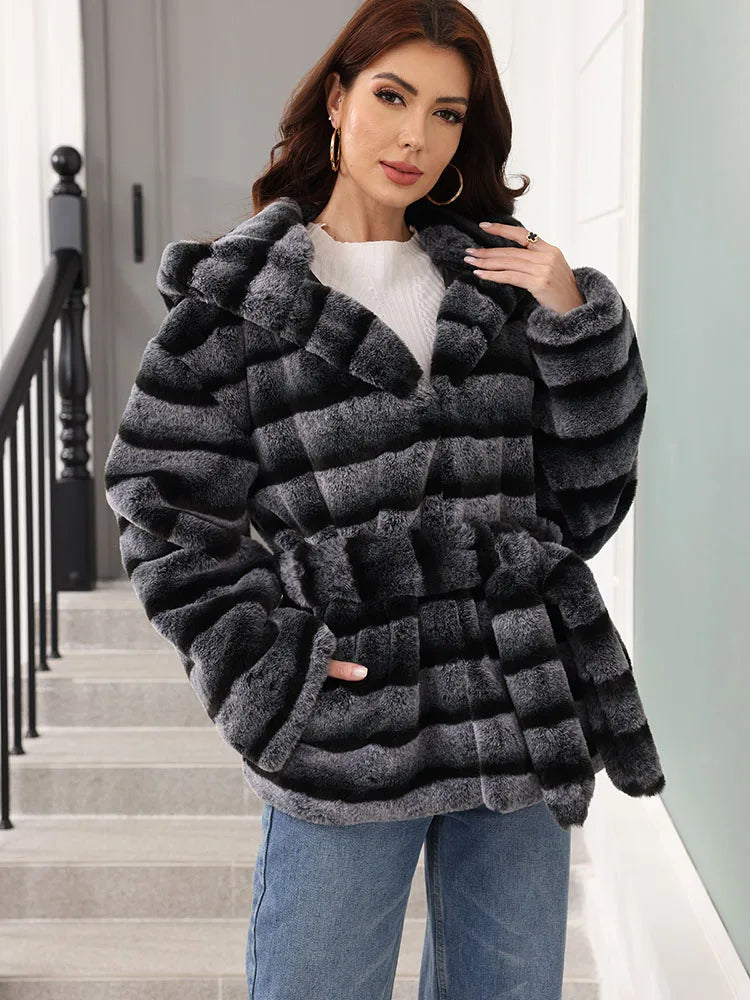 ZADORIN New Stripes Winter Fur Coats Woman Mid Long Hooded Warm Loose Faux Fur Coat For Woman Elegant Belted Fluffy Fur Jacket
