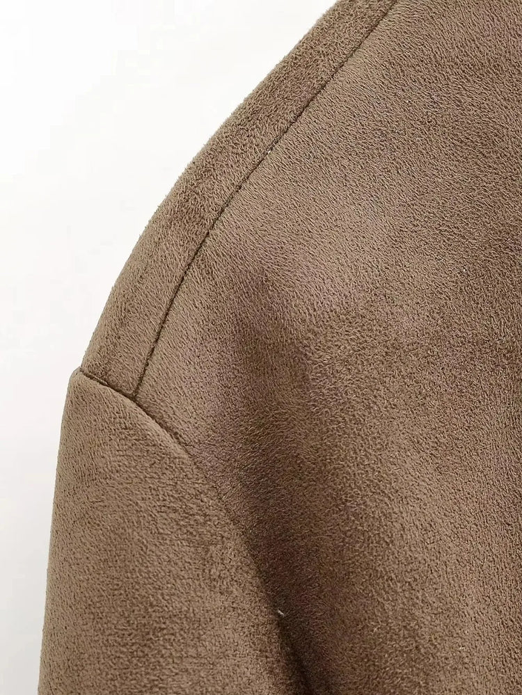 Ladies Short Vintage Faux Suede Autumn Winter Jacket Women Coat Stand-Collar Zip-up Field Trendy Streetwear Chic Jacket Female