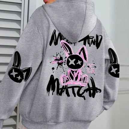 Mix And Match Cartoon Rabbit Prints Women Hoodie Pocket Streetwear Harajuku Loose Hoody All-Match Fleece Female Clothing