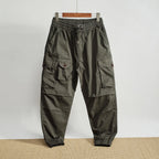 Men Elastic Drawstring Waist Jogger Cargo Pants Multi Button Pockets Vintage Washed Tapered Ankle Cuff Casual Street Trousers