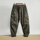 Men Elastic Drawstring Waist Jogger Cargo Pants Multi Button Pockets Vintage Washed Tapered Ankle Cuff Casual Street Trousers