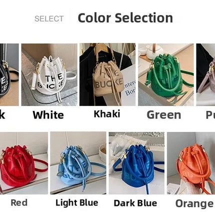 Spring New Fashion Letter PU Leather Bucket Bag Women Simple City Style Shoulder Handbag Trendy Crossbody Satchel Handbag PlatiNum