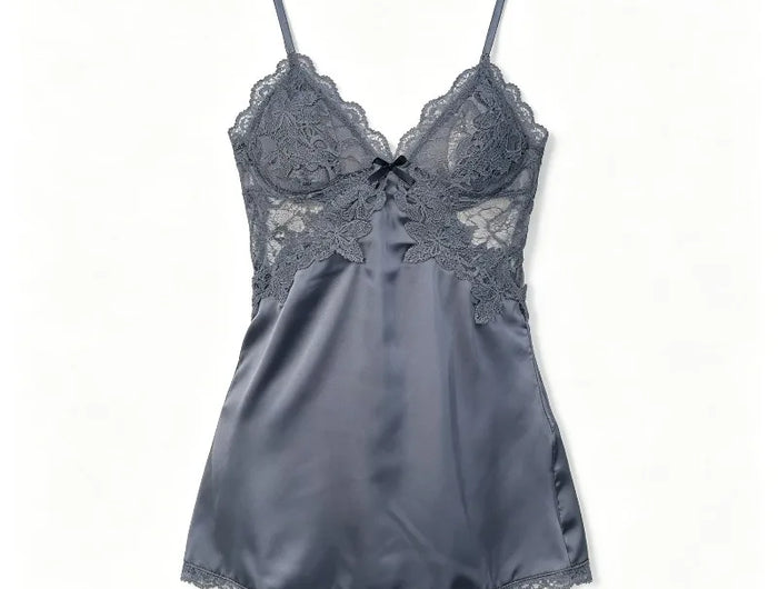 Women's Satin Nightgown with Built-in Padding and Waist Tie, Open Neckline Design, One-Piece Homewear