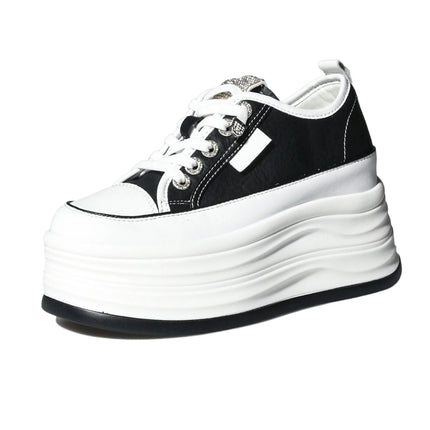 Fujin 9cm 3 inch comfortable platform sneakers for women Genuine Leather Women Vulcanized Shoes Platform High Heels Casual Shoes PlatiNum