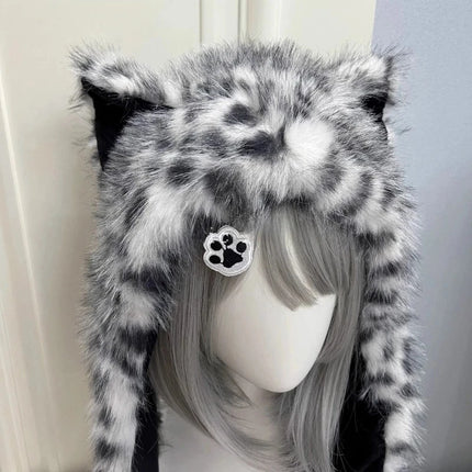 Cute Snow Leopard Ear Warmer for Ladies Chic Outdoor Windproof Ear Protection Hats Fluffy Warm Ear Caps Autumn Winter Head Hat
