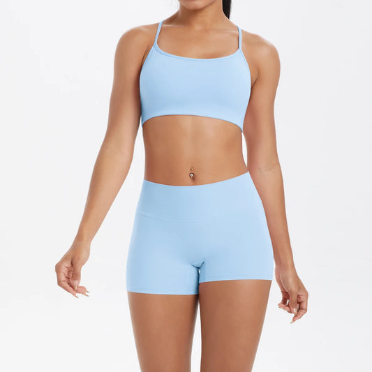 2PCS Yoga Clothes  Halter Yoga Top Set Fitness Gym Suit Crossover Back Sports Underwear Workout Gym Shorts Fitness High Waist