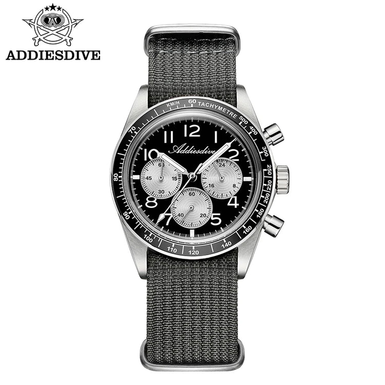 ADDIESDIVE Men's Chronograph Quartz Watch 37mm Bubble Glass 100m Waterproof Watches Ceramic Bezel BGW9 Luminous Sport Wristwatch
