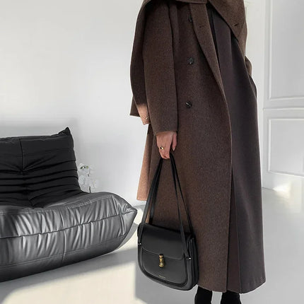Luxury Hand-sewn Double-sided Cashmere Wool Coat Women New Mid-length Scarf Collar Loose Lace-up Warm Wool Coat Fashion Winter