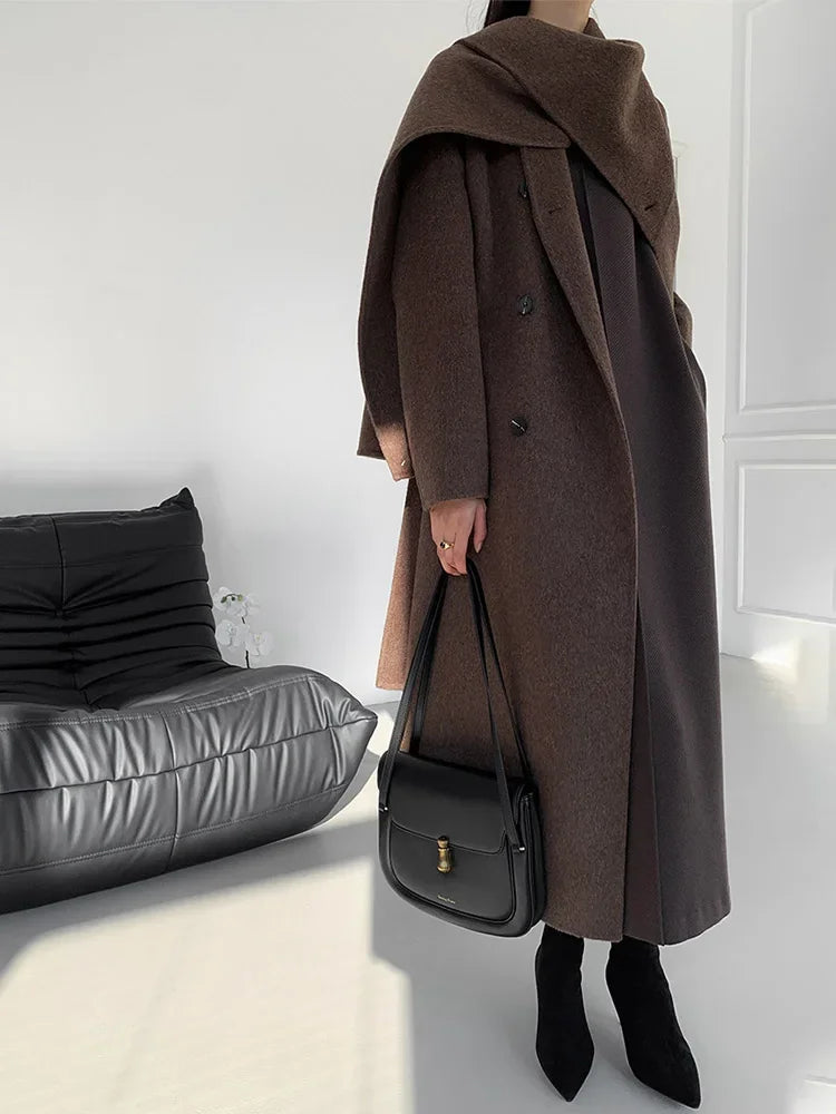 Luxury Hand-sewn Double-sided Cashmere Wool Coat Women New Mid-length Scarf Collar Loose Lace-up Warm Wool Coat Fashion Winter