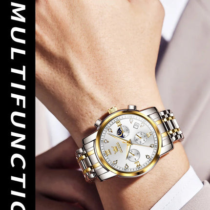 OLEVS 2858 Orologio da Uomo in Acciaio Inossidabile, Impermeabile, Antigraffio, con Fasi Lunari, Luminoso, Cronografo, Orologio da Polso al Quarzo di Lusso platinumshop