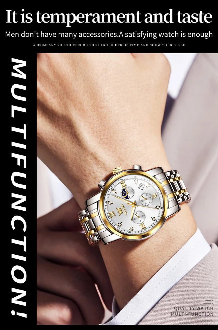 OLEVS 2858 Orologio da Uomo in Acciaio Inossidabile, Impermeabile, Antigraffio, con Fasi Lunari, Luminoso, Cronografo, Orologio da Polso al Quarzo di Lusso platinumshop