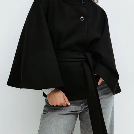 Stand Collar Lace Up blend fiber Coat Women's Fashion Long Batwing Sleeve Solid Single Breasted Cape Coat Autumn Winter Outfits