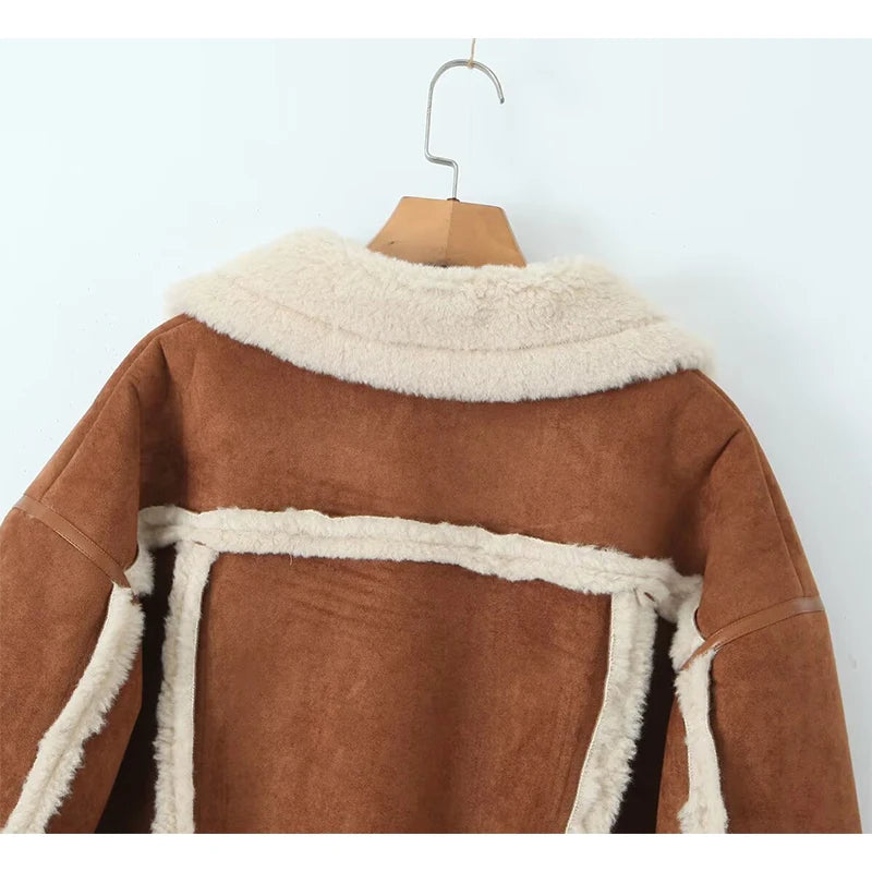  YENKYE Retro Horn Button Faux Suede Lambswool Jacket Coat For Women Lapel Collar Long Sleeve Autumn Winter Warm Outerwear