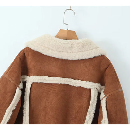  YENKYE Retro Horn Button Faux Suede Lambswool Jacket Coat For Women Lapel Collar Long Sleeve Autumn Winter Warm Outerwear