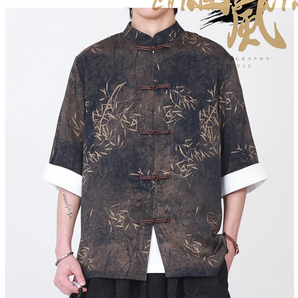Camicie da uomo estive di lusso in jacquard con foglie di bambù, camicia a maniche corte da uomo in stile cinese tradizionale, camicia casual da uomo per Kung Fu e Tai Chi