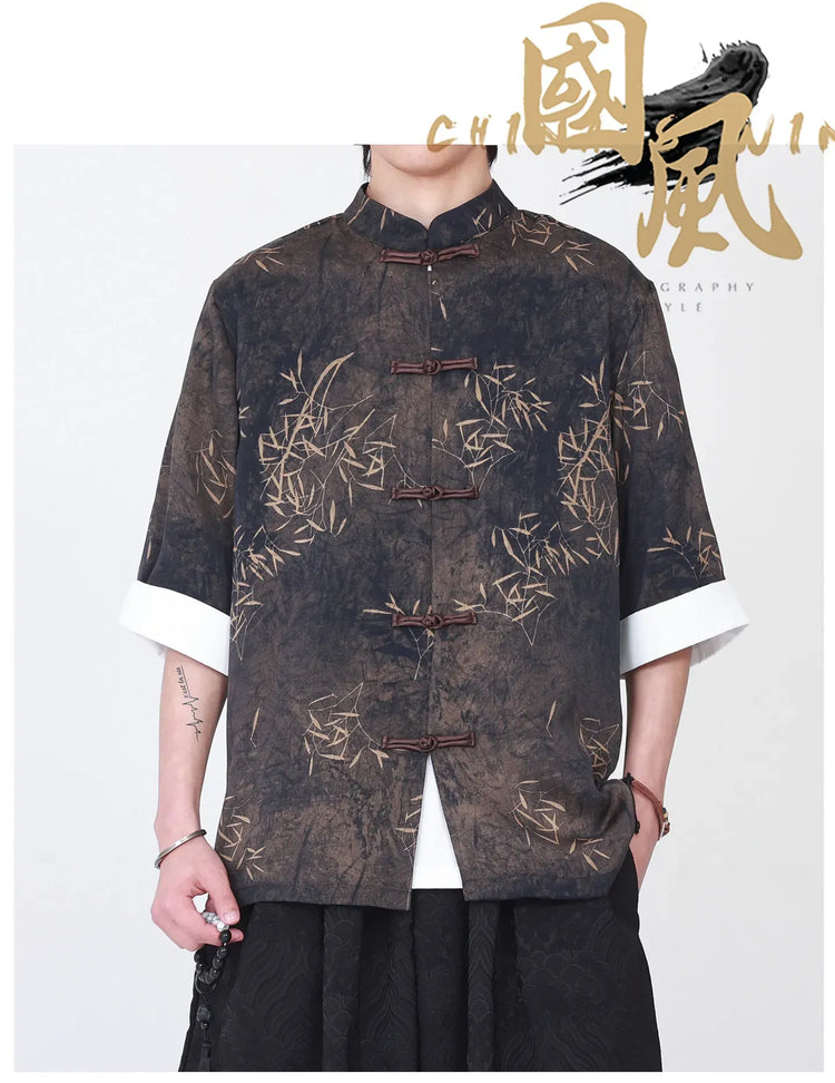 Camicie da uomo estive di lusso in jacquard con foglie di bambù, camicia a maniche corte da uomo in stile cinese tradizionale, camicia casual da uomo per Kung Fu e Tai Chi