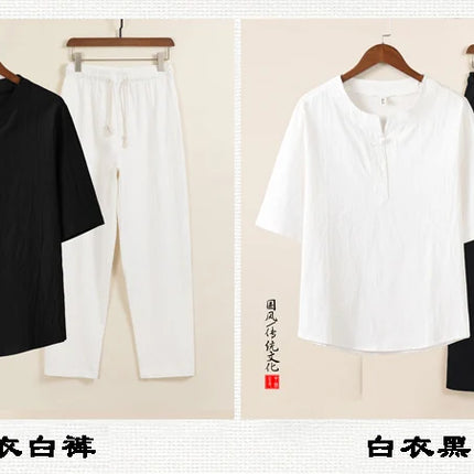 Set da due pezzi da uomo (camicie + pantaloni) in cotone di lino comodo abito Tang pantaloni Kungfu larghi nuova camicia casual retrò a maniche corte da uomo