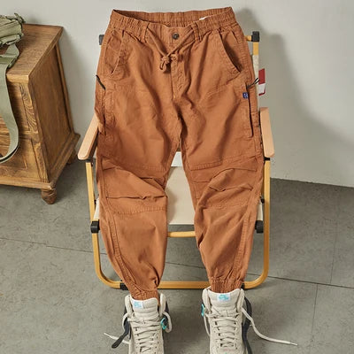 Autumn New American Retro Woven Cargo Pants Men's 97.5% Cotton Washed Elastic Waist Drawstring Loose Casual Anke-tied Trousers