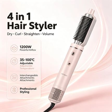 4 In 1 Hot Air Brush Hair Styler 1200W Multi‑Functional Hair Dryer Brush 35‑100℃ Adjustable Temperature Curling Straightening Styling Tool