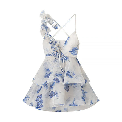 Elegant Puff Sleeve Floral Print Ball Gown Women's 3D Flower V-Neck Mini Dress Summer Beach Dresses Chic Vacation Evening Dresses