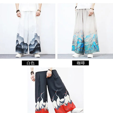 Nuovi Pantaloni da Uomo con Stampa Tradizionale a Gru, Stile Cinese Vintage, Pantaloni Harem Estivi, Pantaloni Larghi Hanfu Oversize da Uomo