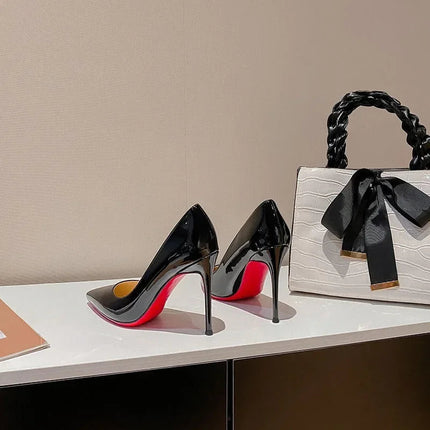 7cm Black Red Sole High Heels Spring Pointed Toe Stiletto Heel Sexy Shiny Single Shoes Fashion Patent Leather Women's Shoes PlatiNum