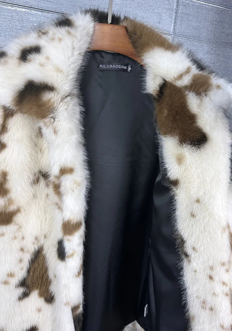 ZADORIN 2026 Chic Mid Long Cow Pattern Fluffy Faux Fur Coat Woman Lapel Loose Winter Fur Coats Woman Furry Jacket Fur Faux Coat
