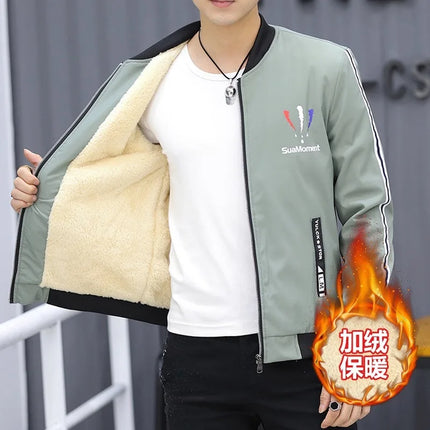Thickened Fleece Lined Men's Casual Jacket Coat Autumn Winter Outerwear Fashionable Youth Style Zipper Closure Short Length