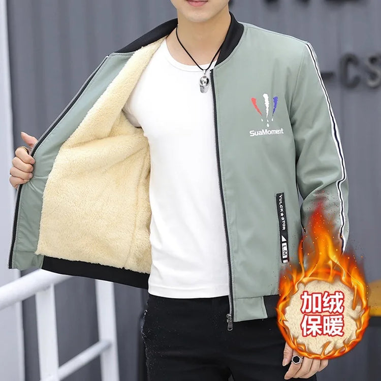 Thickened Fleece Lined Men's Casual Jacket Coat Autumn Winter Outerwear Fashionable Youth Style Zipper Closure Short Length