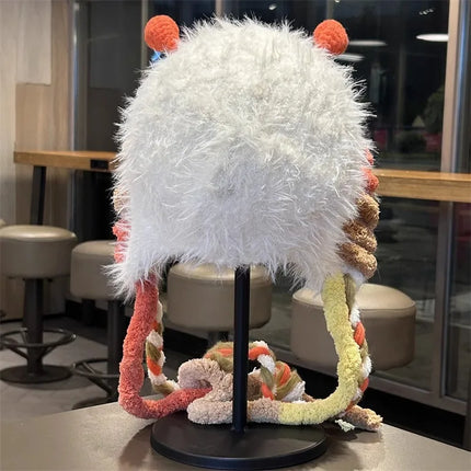2025 Funny Monster Furry Hat for Women Autumn Winter Knitted Beanie with Braid Warm Ear Protection Hand Crochet Skullies