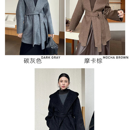 Brushed 100% Wool Coat Women Hooded Belted Wrap Coat Long-Pile Double-Faced Texture Unlined Relaxed Fit Short Coats Fall Winter