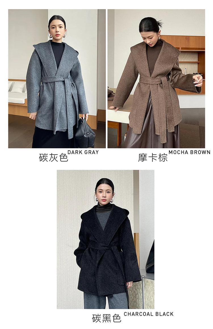 Brushed 100% Wool Coat Women Hooded Belted Wrap Coat Long-Pile Double-Faced Texture Unlined Relaxed Fit Short Coats Fall Winter