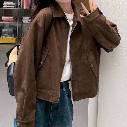 Retro Style Women's Short Suede Jacket Coffee Color Korean Style Autumn Coat Zipper Pocket Polyester Fiber Windproof