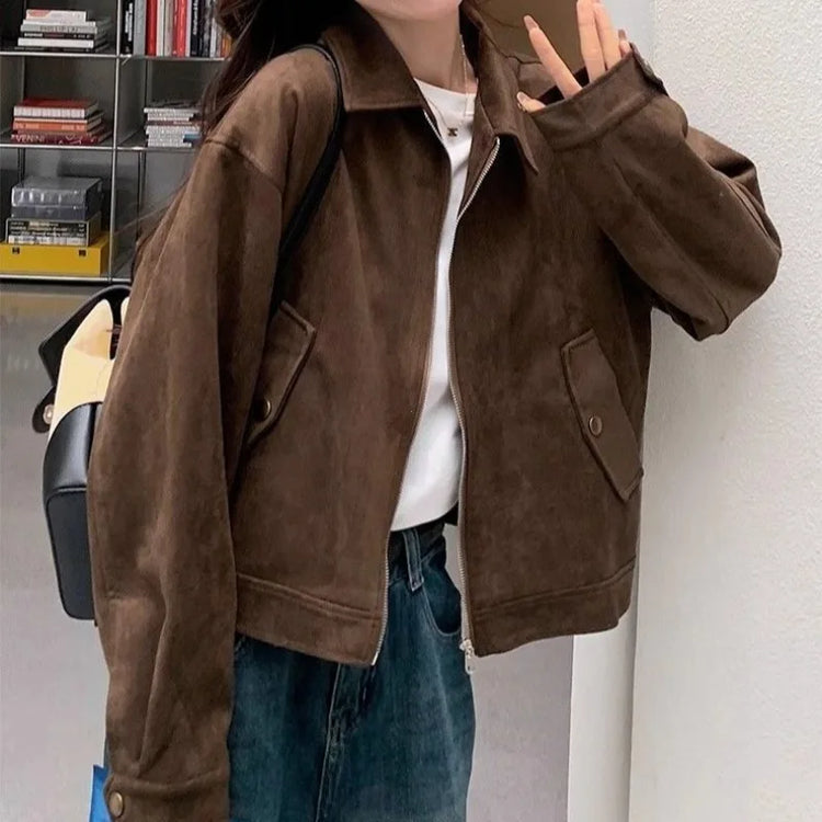 Retro Style Women's Short Suede Jacket Coffee Color Korean Style Autumn Coat Zipper Pocket Polyester Fiber Windproof