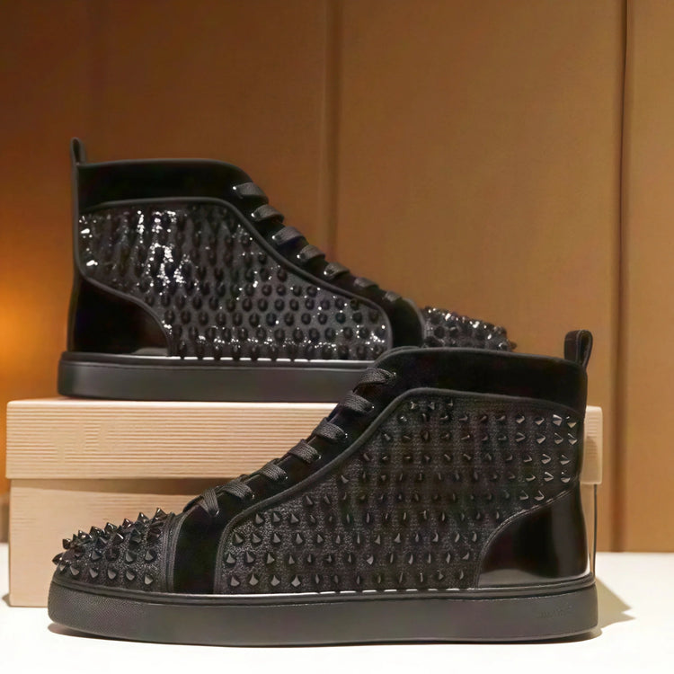 Black Studded Leather Rivets High-Top Sneakers Classic Designer Style Round Toe Men's Sports Shoes Comfort Lace-Up Casual Shoes