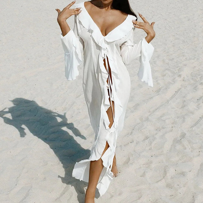 Copricostume estivo da spiaggia con scollo a V, bikini ampio con volant, protezione solare, grembiule, costume da bagno, manica lunga, copricostume per donna platinumshop